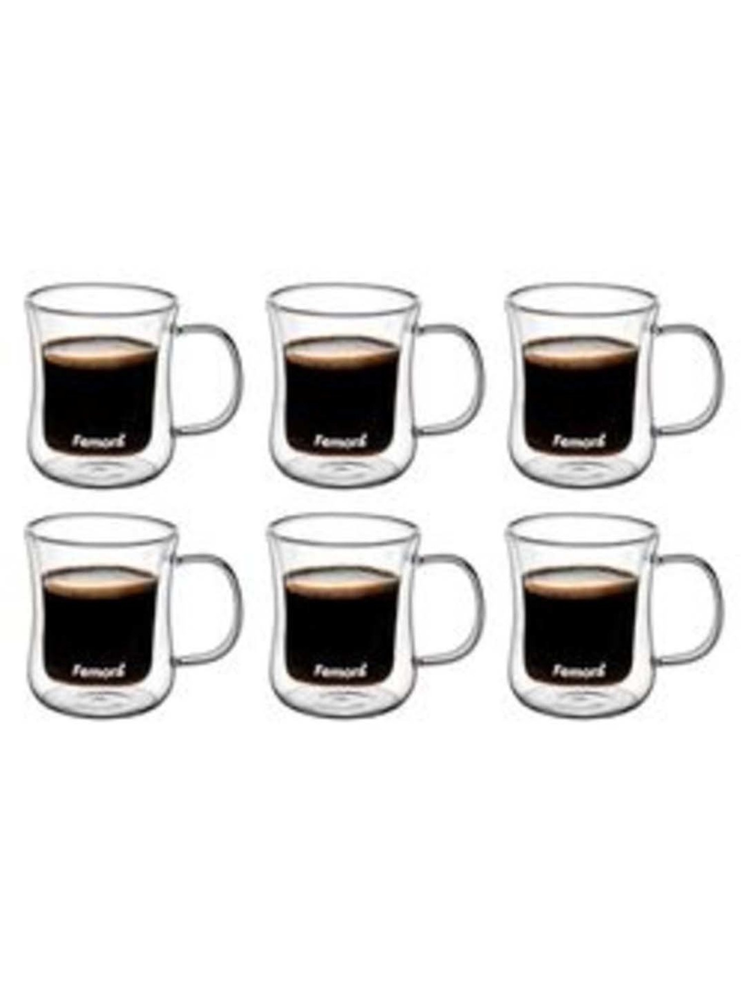 Femora Double Wall Transparent Glass Heat Resistant Coffee Mugs With Handle (0.24 L) - Set of 6
