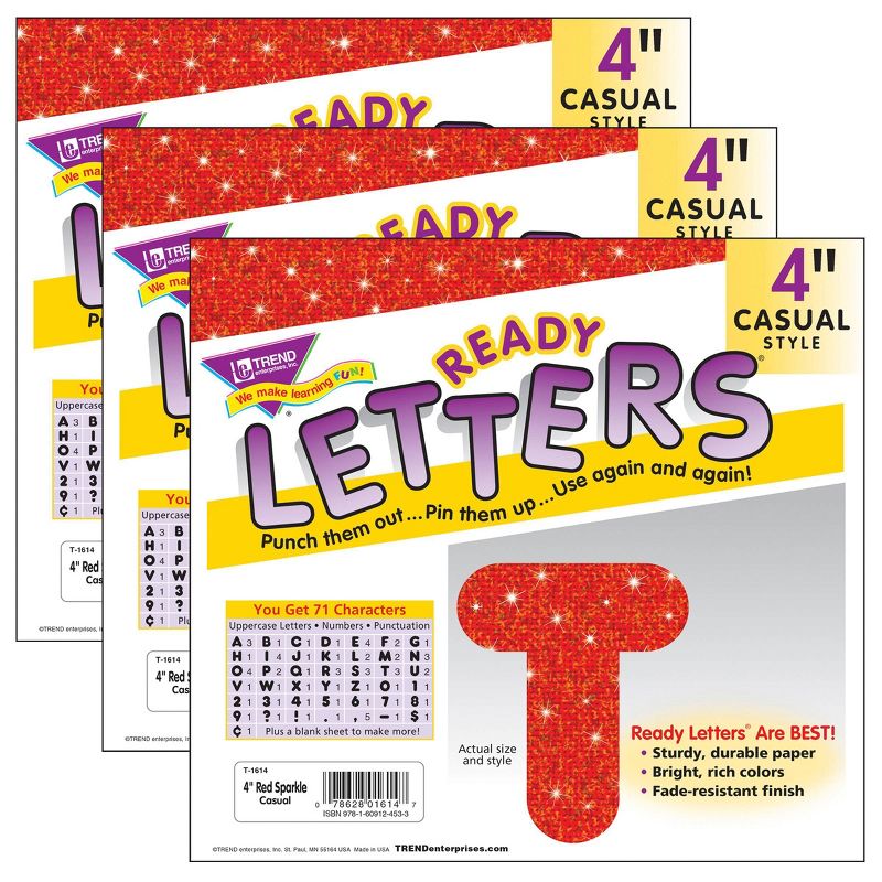 3pk 4" Casual Uppercase Ready Letters Red Sparkle - TREND