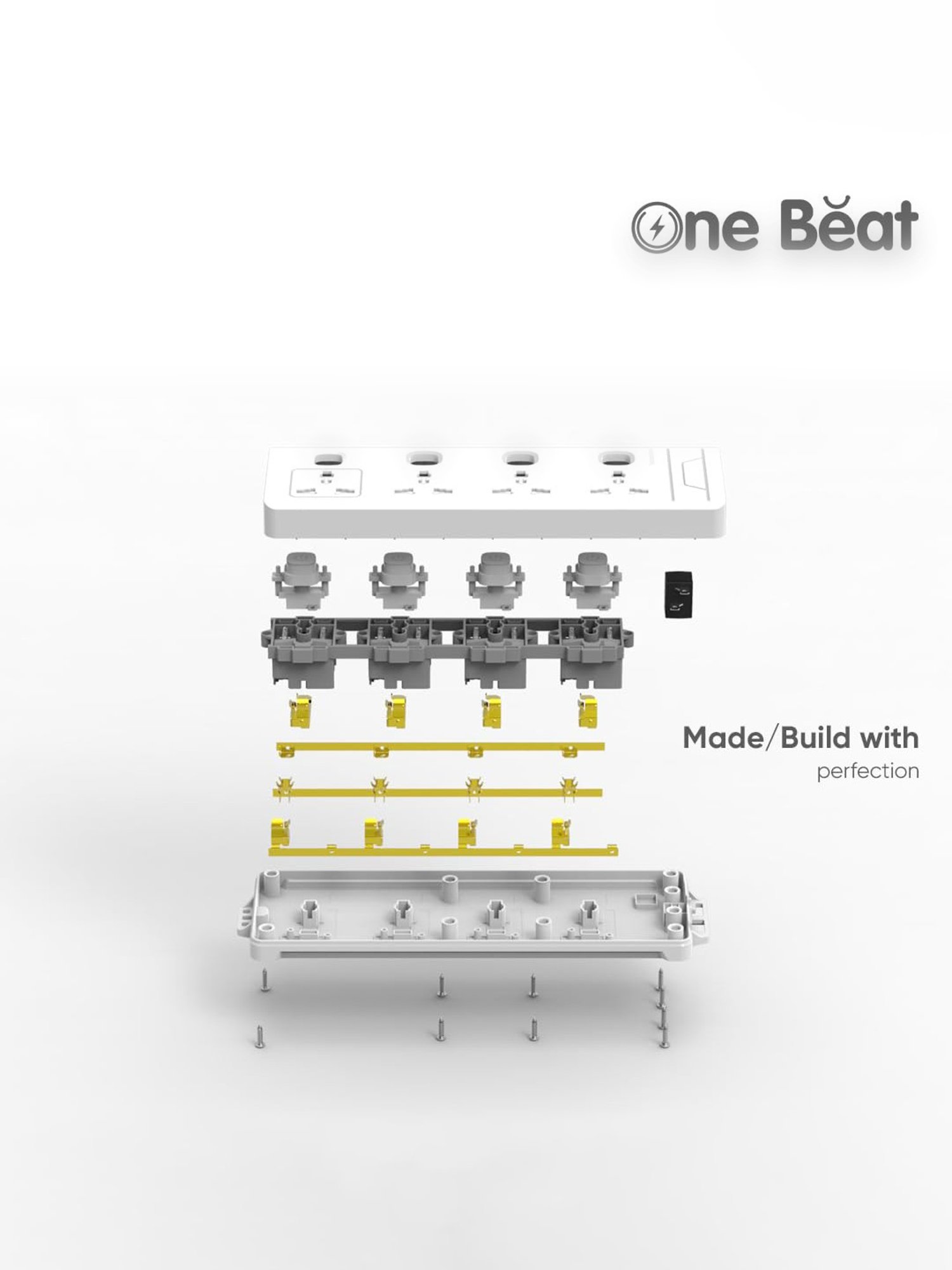 One Beat Power Strip with 4 Universal Socket with Output of 2500W & Extension Cord 2 Meter (White)