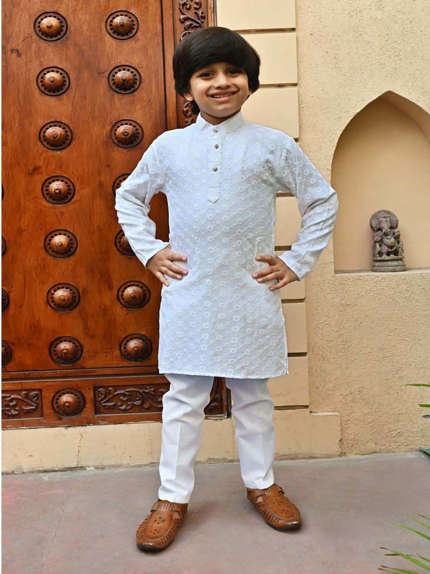 Ahhaaaa Kids Blue & White Cotton Embroidered Full Sleeves Kurta Set