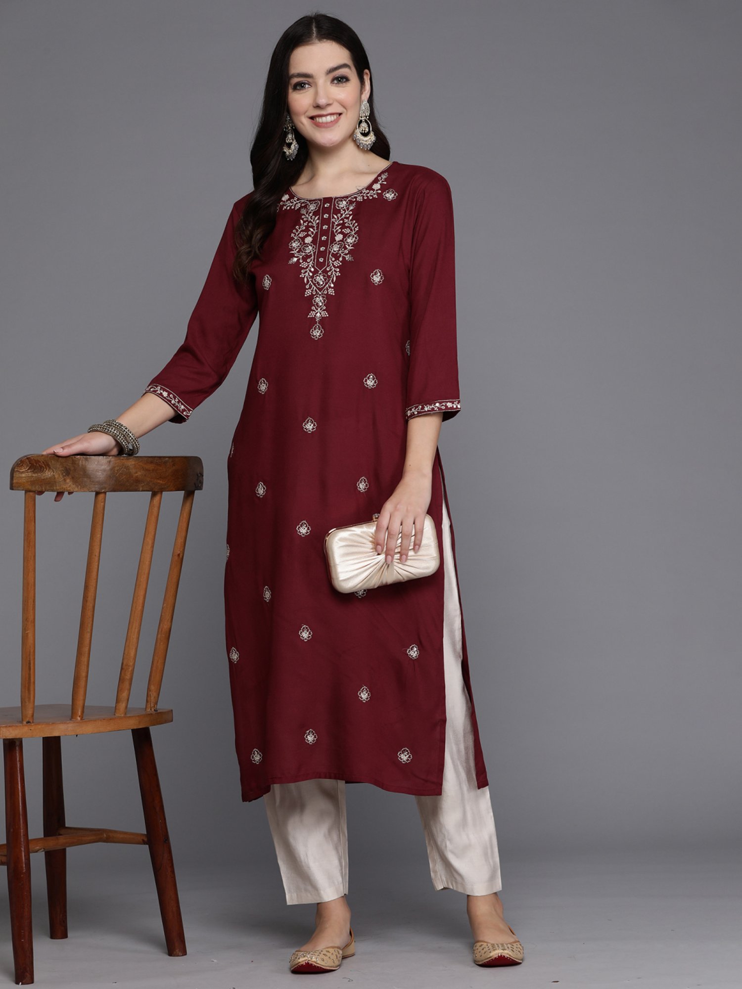 Indo Era Maroon Embroidered Straight Kurta