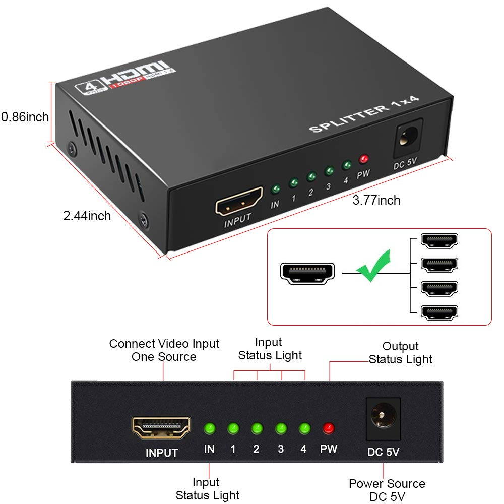 Wanmingtek 4K HDMI Splitter 1 in 4 Out 4K@30HZ HD Powered Splitter Box Supports 4KX2k 3D 1080P 1X4 Port for PC PS3/PS4 Xbox Blue-Ray DVD STB 4K HDTV