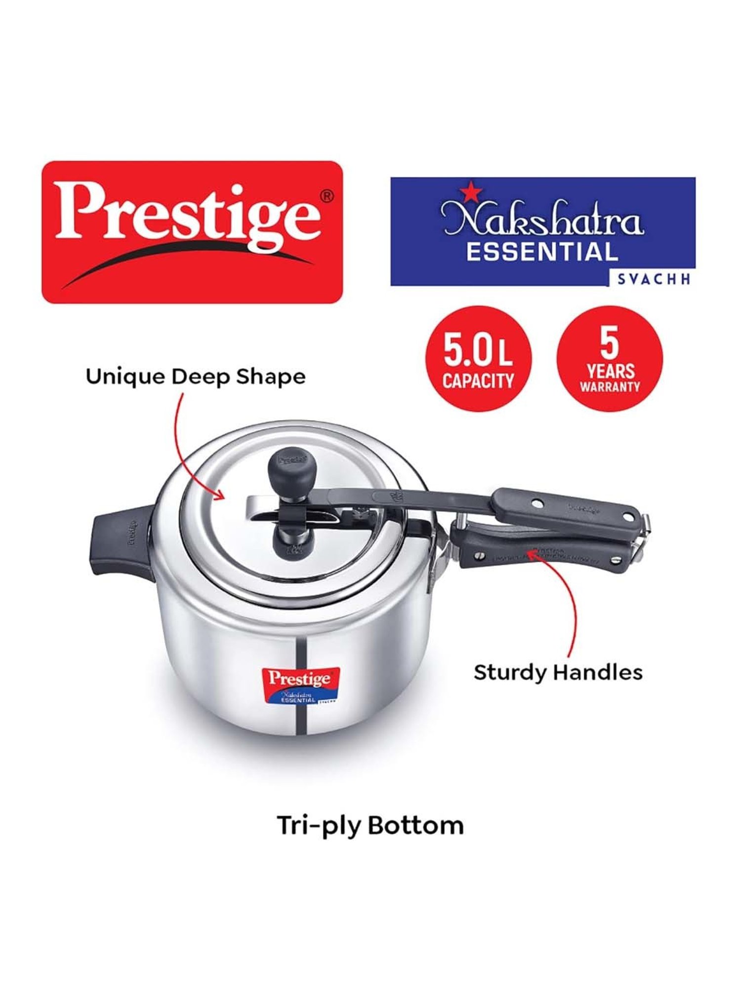 Prestige Silver Stainless Steel Nakshatra Essential Svachh Pressure Cookers (5 L)