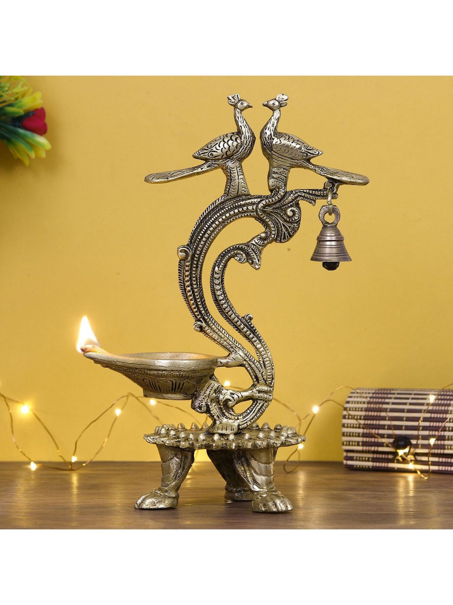 eCraftIndia Antique Finish Decorative Handcrafted Brass Peocock Couple Diya with Bell and Stand