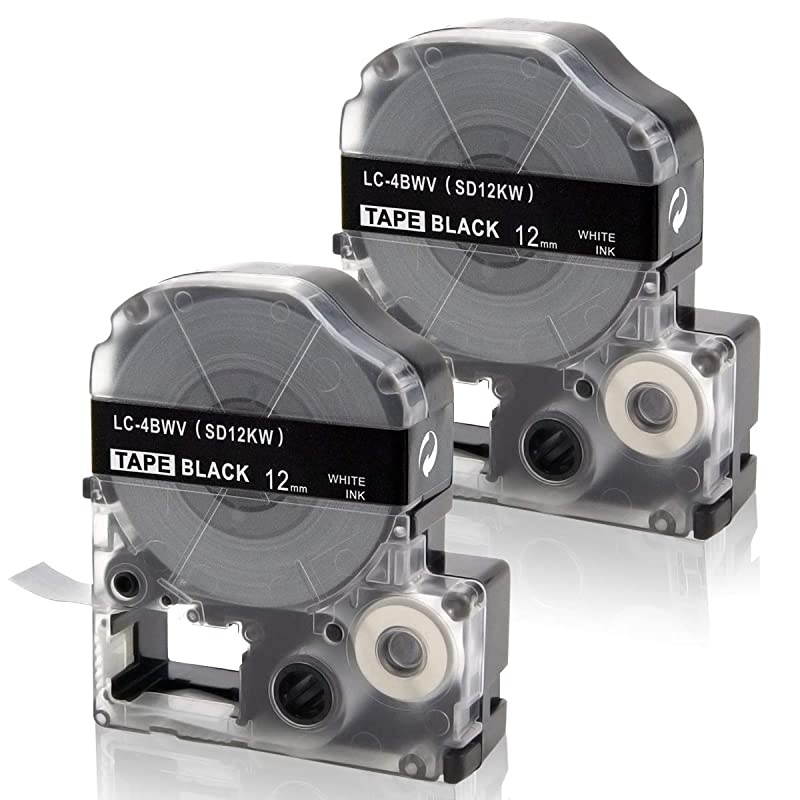 Compatible Label Tape Replacement for LK-4BWV LC-4BWV9 LabelWorks for Epson LW-300 LW-400 LW-500 LW-600P LW-700 LW-900P LW-1000P Label Maker, White on Black, 1/2'' x 26.2', 12mm x 8m, 2-Pack