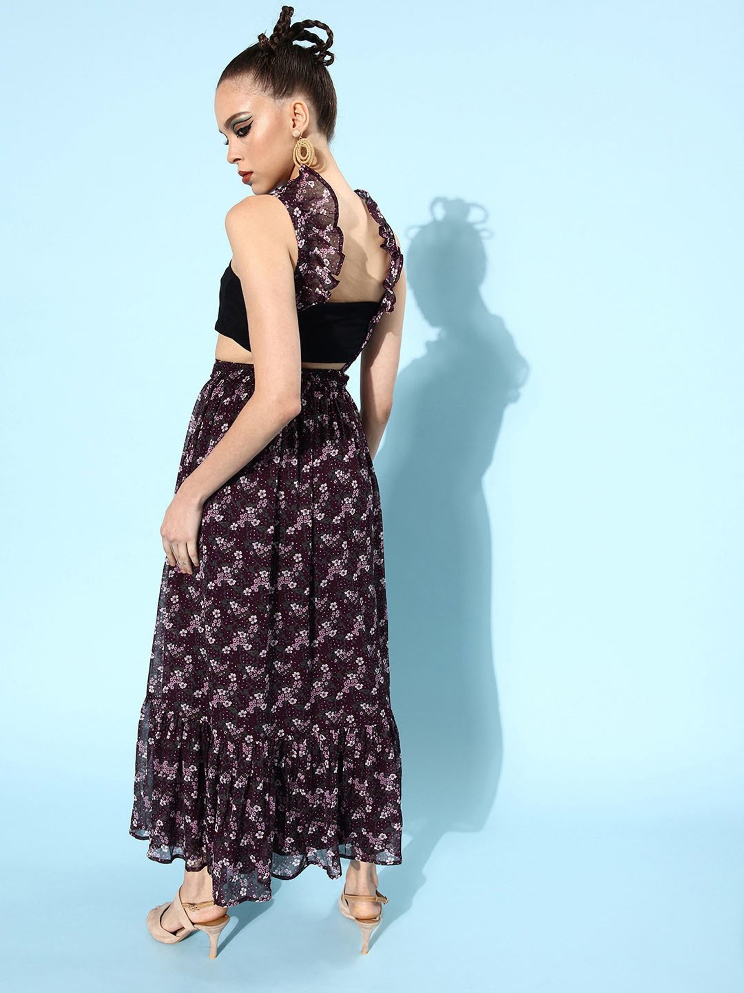 QUIERO Wine Floral Print Fit & Flare Dress