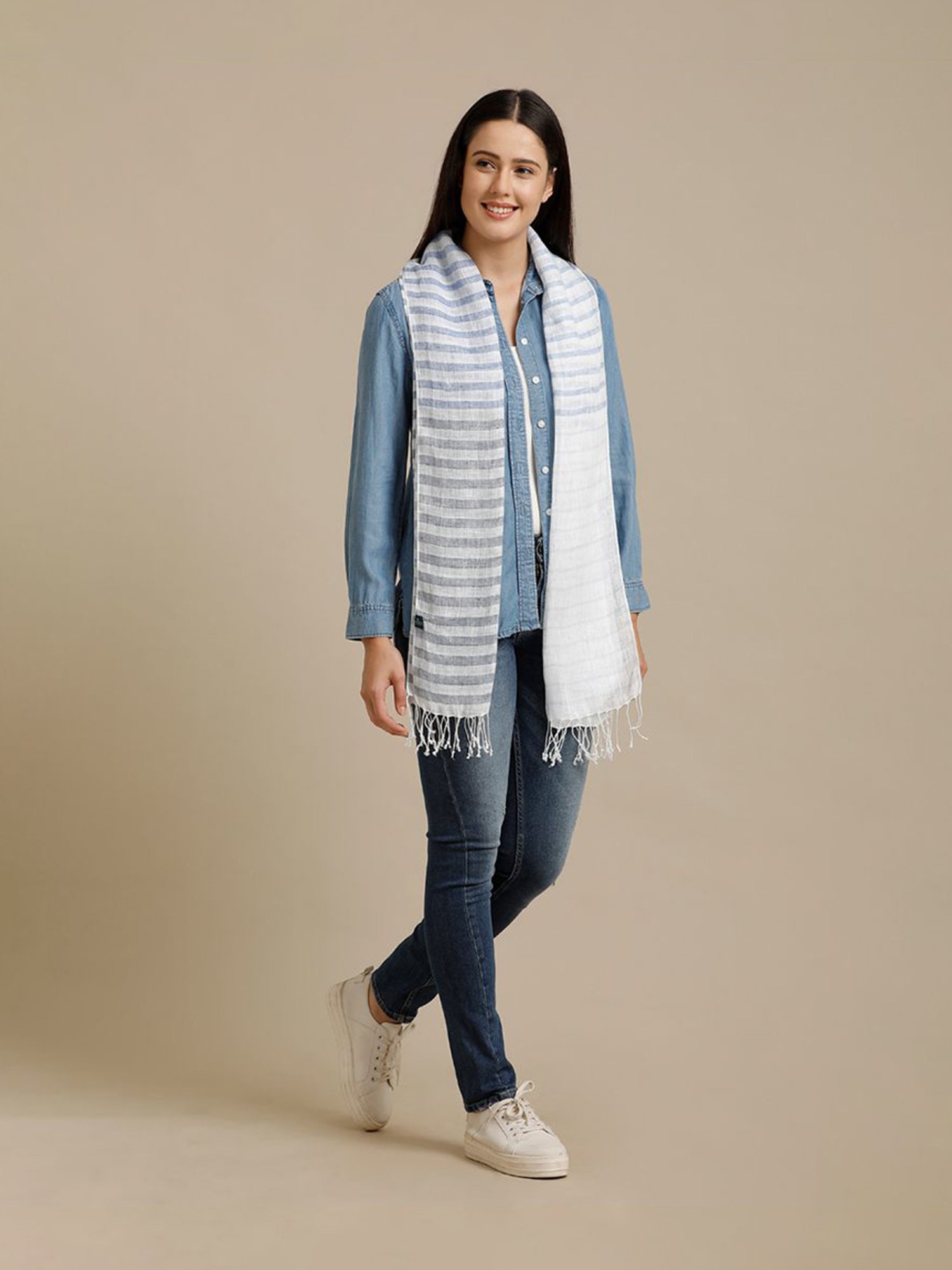 Linen Club Blue Striped Pure Linen Stole