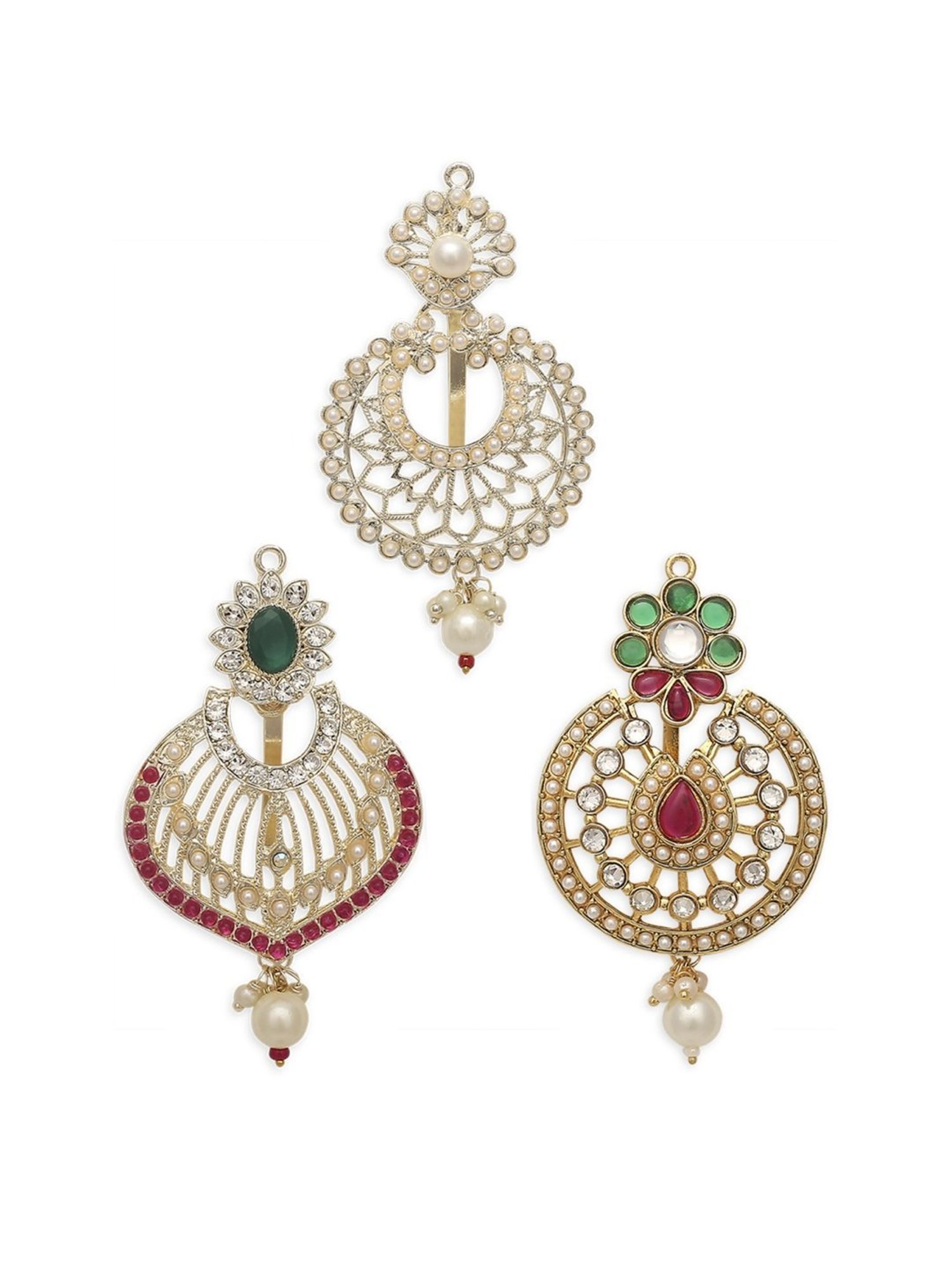 OOMPH Combo of 3 Maroon Green Stones & Pearls Hair Bun Pin Juda Pin Ethnic Chandbali Style