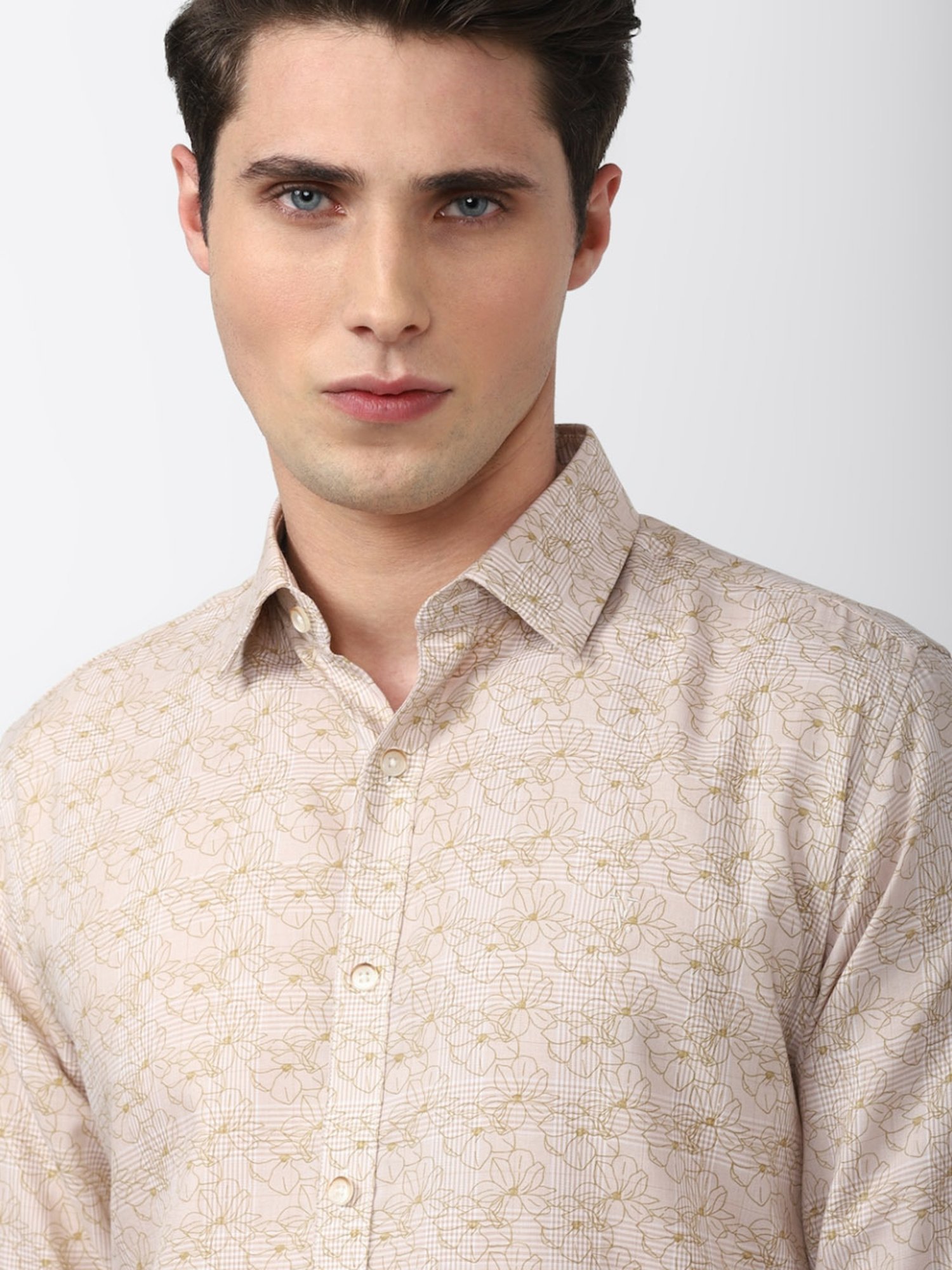 V Dot Beige Slim Fit Printed Shirt