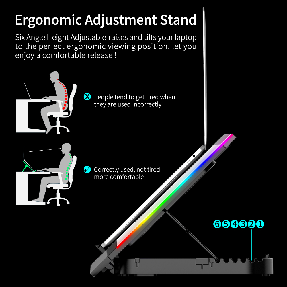ICE COOREL Laptop Cooling Pad for 15.6-17.3 Inch, Gaming Laptop Cooler Stand with 6 Quiet Cooling Fans and 6 Height Adjustable, LCD Screen and RGB Lights, Two USB Ports, One Phone Stand
