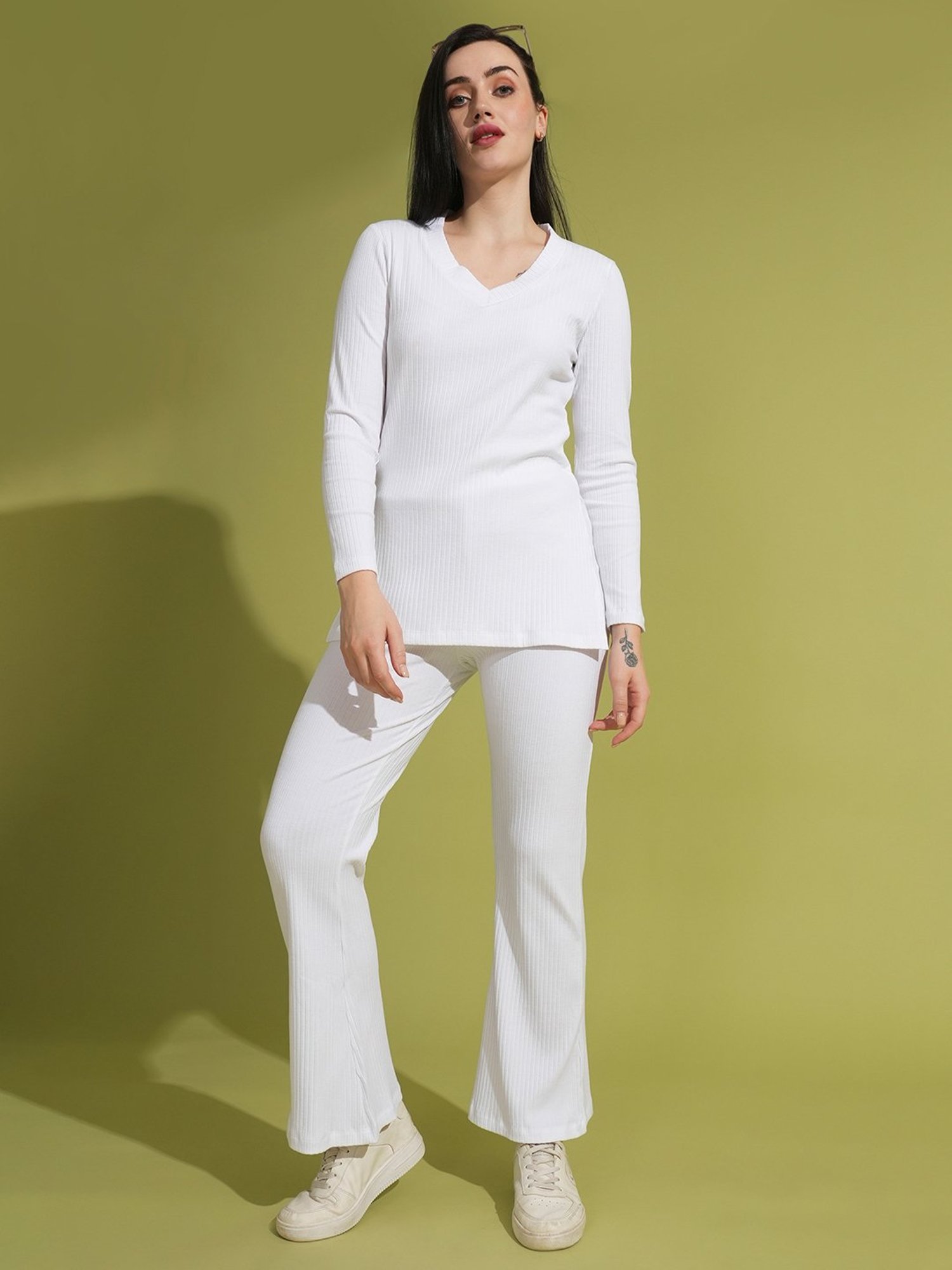 Globus White Self Design Tunic With Trousers