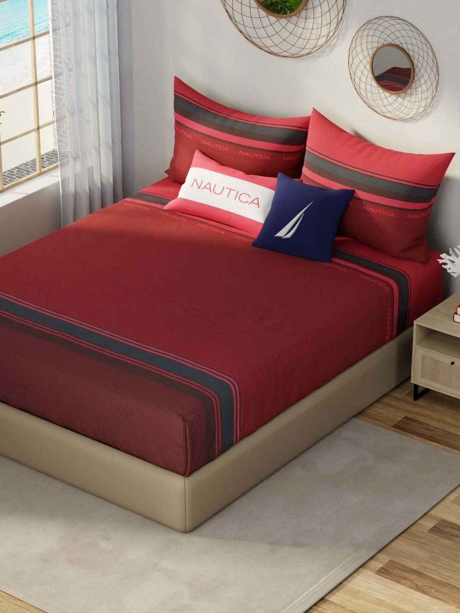 NAUTICA Hampton Red & Black Satin Cotton 210 TC Super King Bedsheet with 2 Pillow Cover