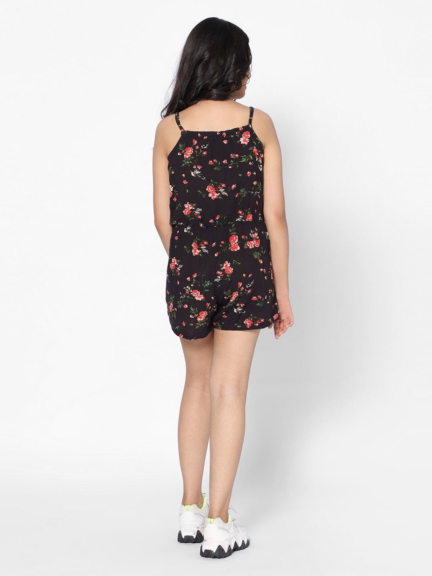 TeenTrums Girls Black Floral Print Playsuit