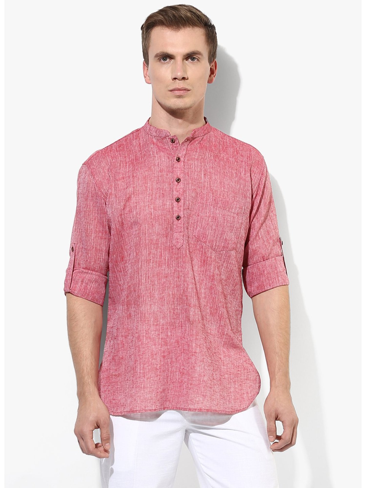 Hangup Plus Red Melange Slim Fit Cotton Linen Short Kurta