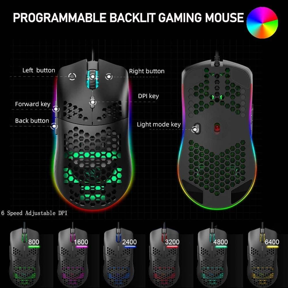 One Hand Gaming Keyboard and Lightweight Honeycomb Mouse Combo Portable with 35 Keys Rainbow RGB Backlight Ergonomic Wrist Rest Mouse-pad Adjustable Mice DPI USB Wired Only for PS4 X-Box Game Console