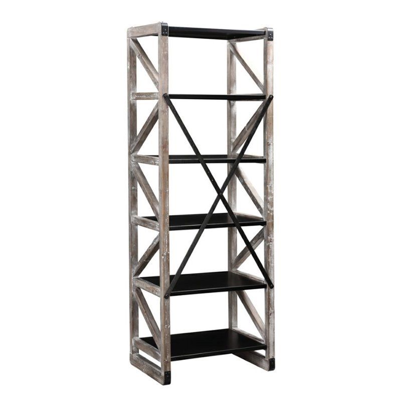 Steel 6 Shelf Bookshelf in White Wash and Black - Burnham Home Designs