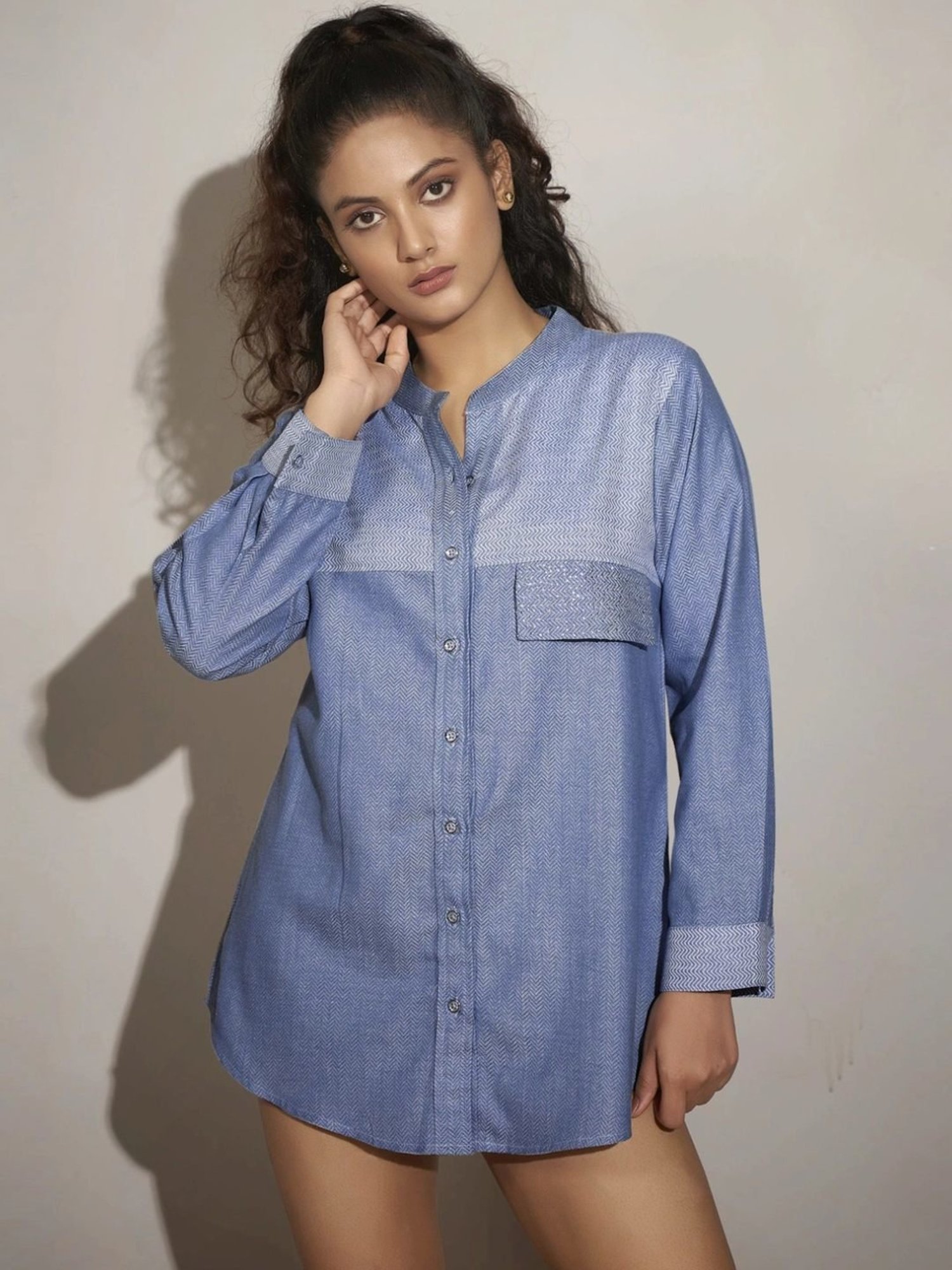 Kaftanize Blue Cotton Doby Print Kameez Shirt with Rhinestone