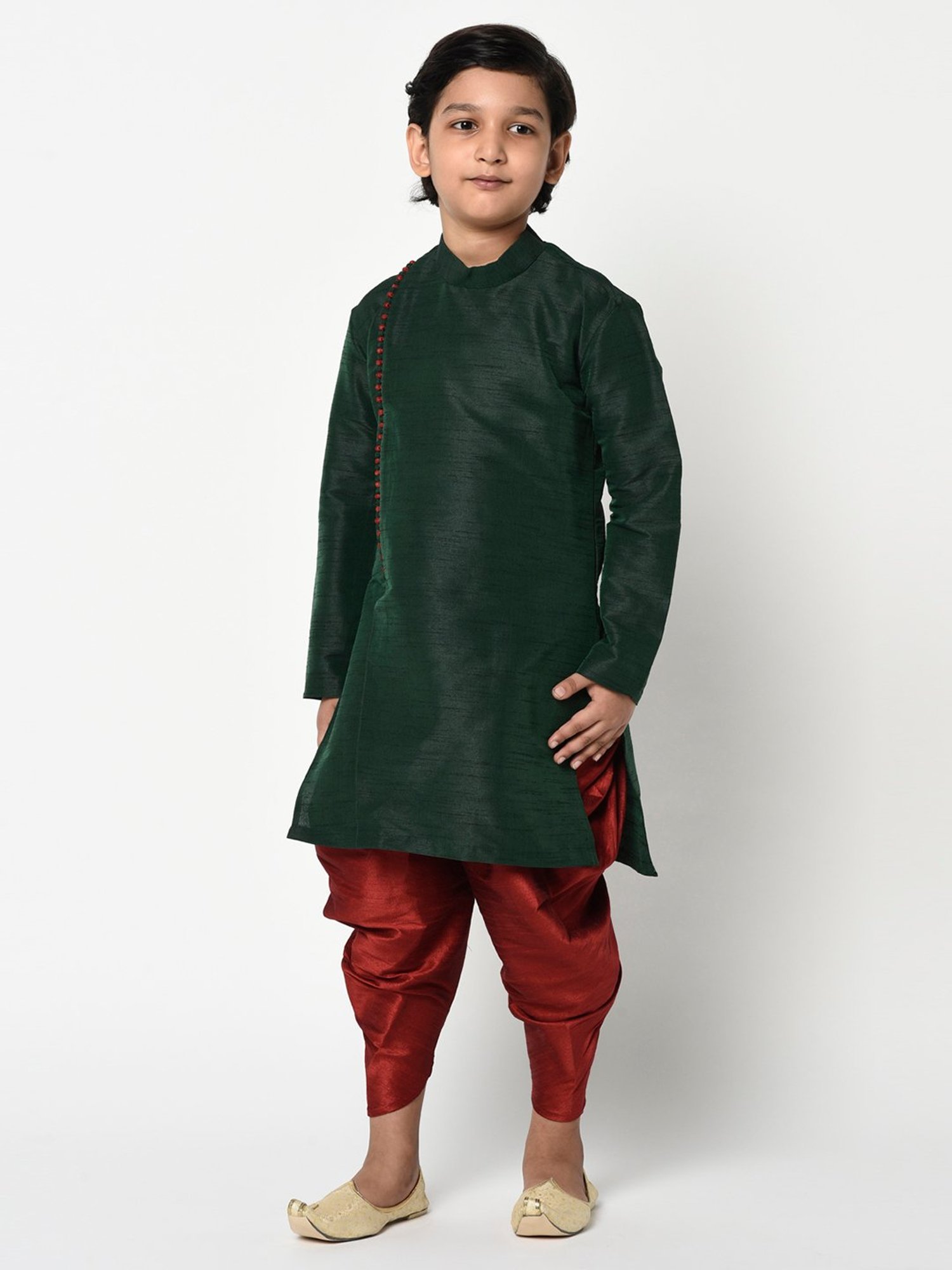 Deyann Kids Green & Maroon Solid Full Sleeves Kurta with Dhoti