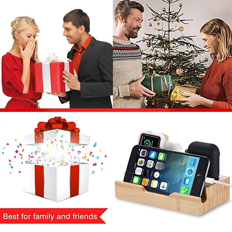 3Port Bamboo Charging Station Desk Dock Stock Cradle Holder Organizer Charging Stand for Universal Multi Device Compatible AirPodsApple WatchCell Phone with Case