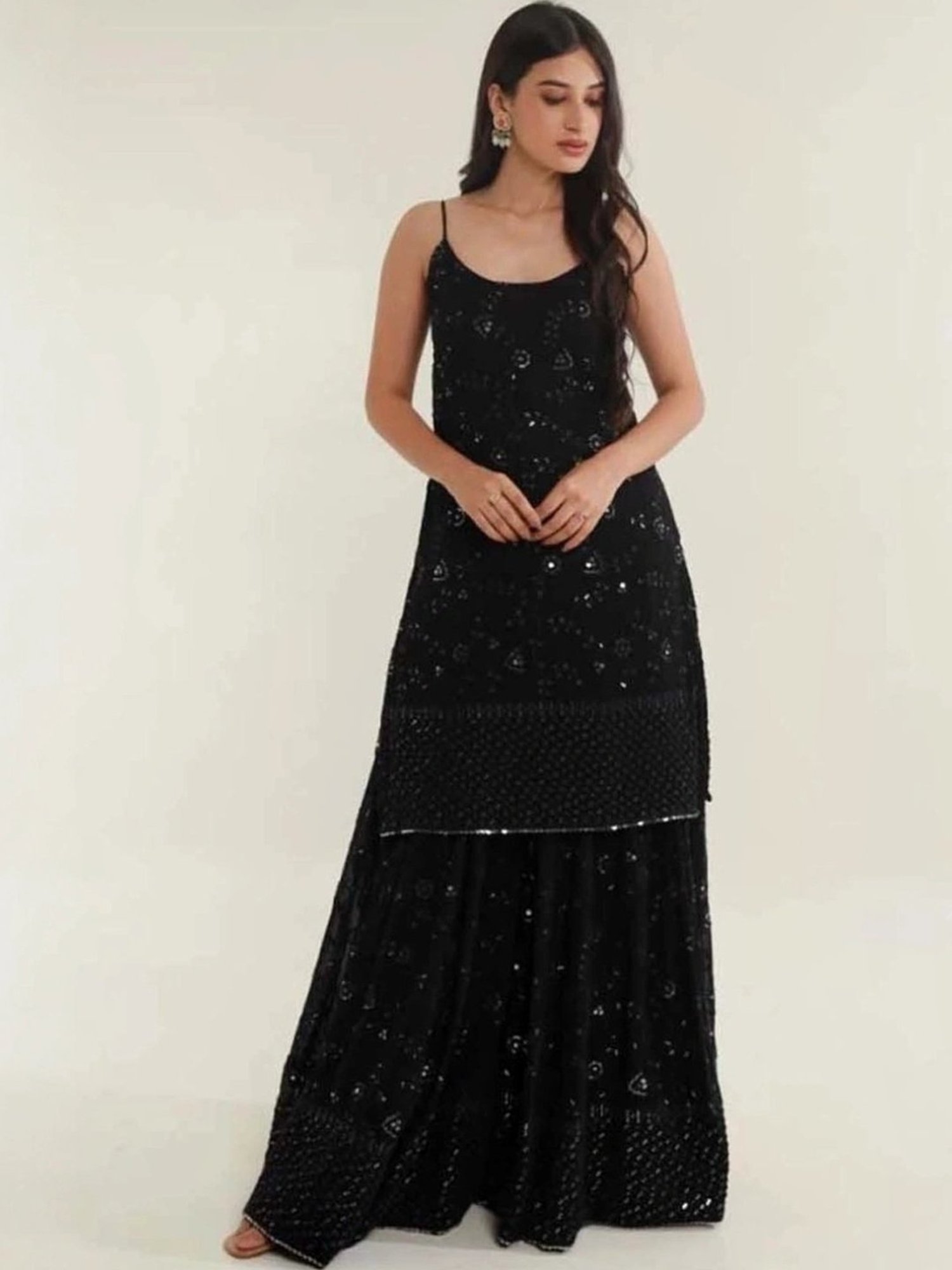 Asrumo Black Tara Mirror Work Chikankari Georgette Kurta with Sharara and Dupatta