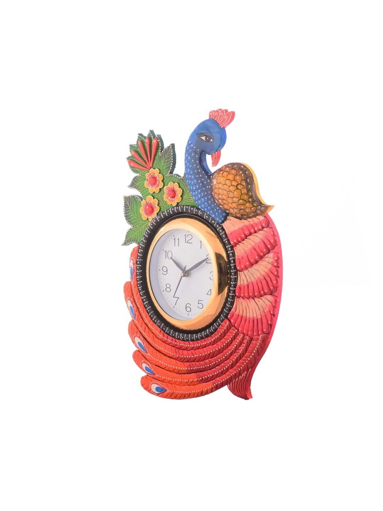 eCraftIndia Exotic and Stylish Colorful Peacock Wooden Handcrafted Wooden Wall Clock
