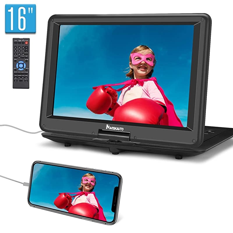 16" Portable DVD Player with HDMI Input Carrying Bag Rechargeable Battery Support 1080P MP4 USB Sync Screen Region Free