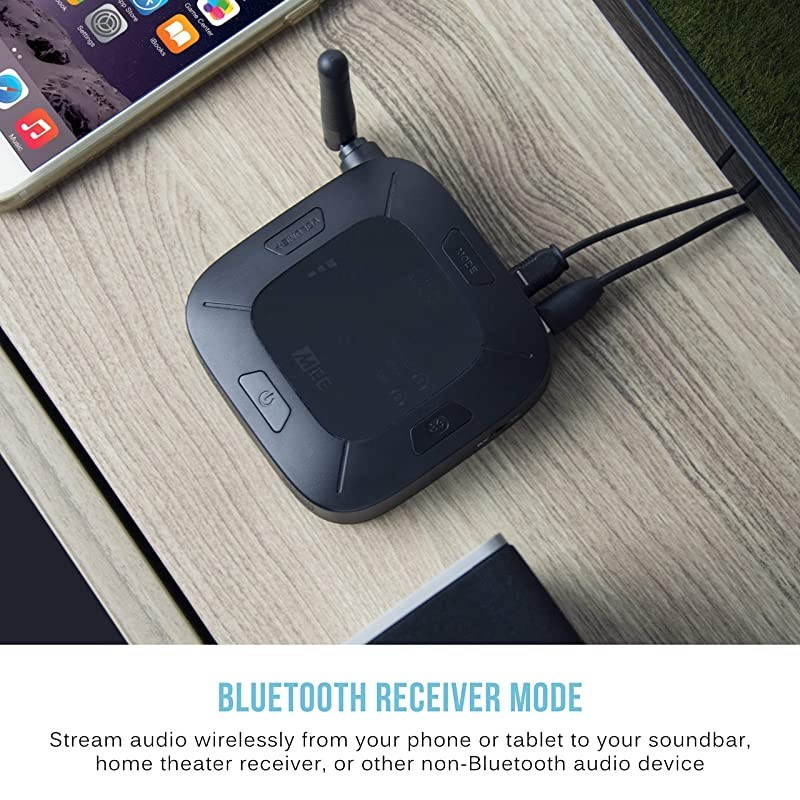 Connect Hub Universal Dual Headphone and Speaker Bluetooth Audio Transmitter and Receiver for TV with aptX Low Latency optical and analog passthrough