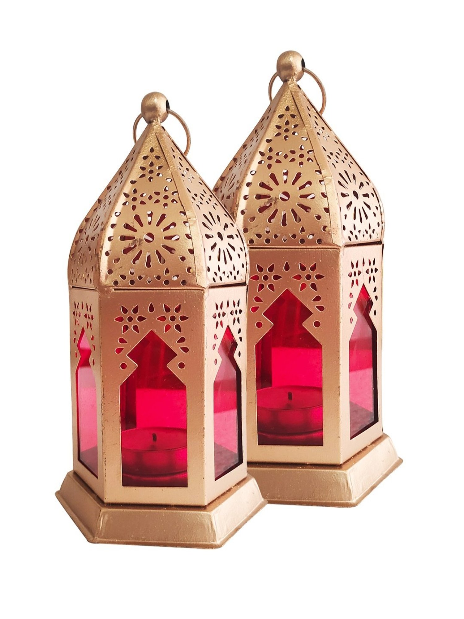 Homesake Antique Red Metal Moroccan Lantern Candle Holder - Set of 2