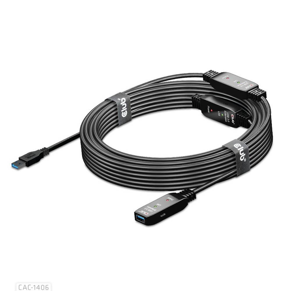 Club3D USB 3.2 Gen1 Active Repeater Cable 15m/49.2ft Male/Female 28AWG Black Adapters