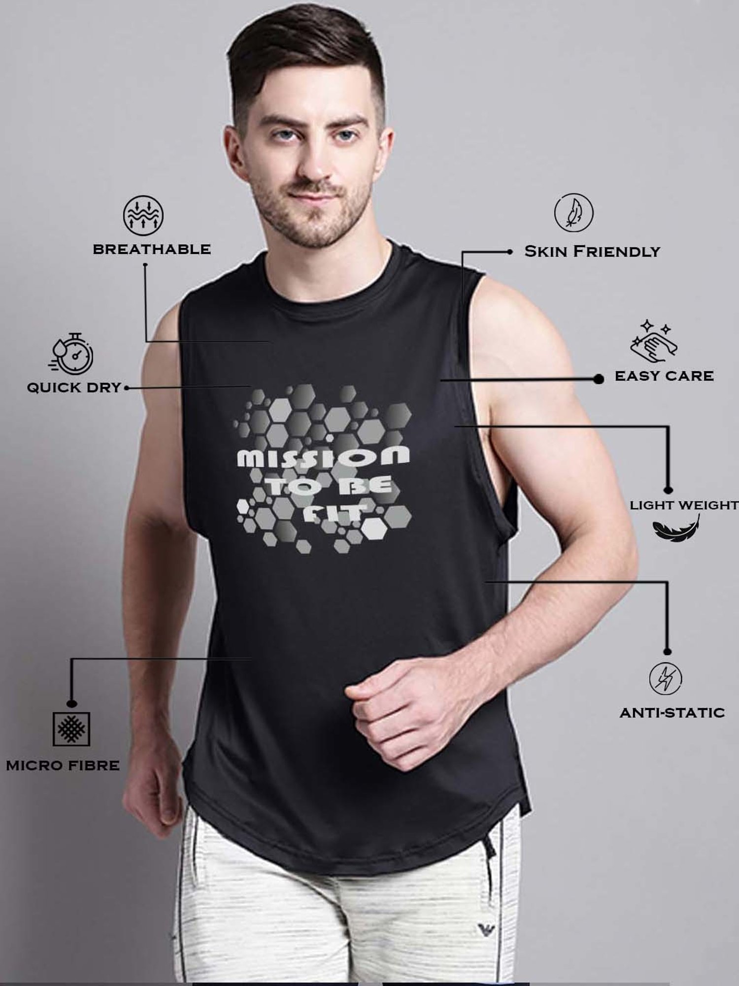 Friskers Black Regular Fit Graphic Sports Vest