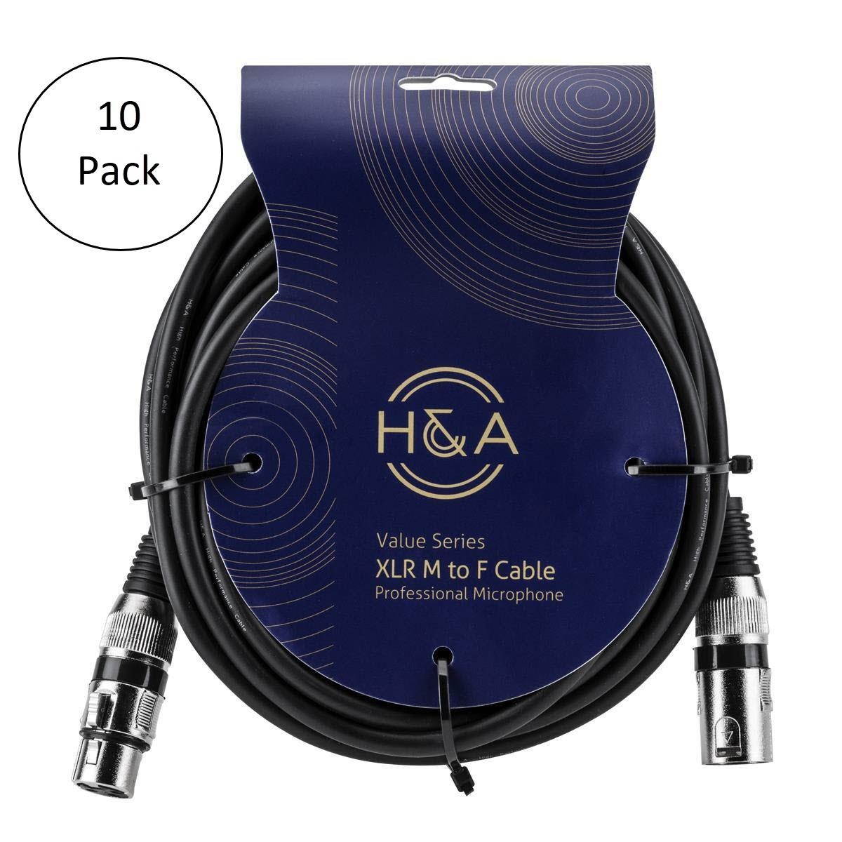 H&A Value Series 10 Pack XLR M to F Professional Microphone Cable - 25'