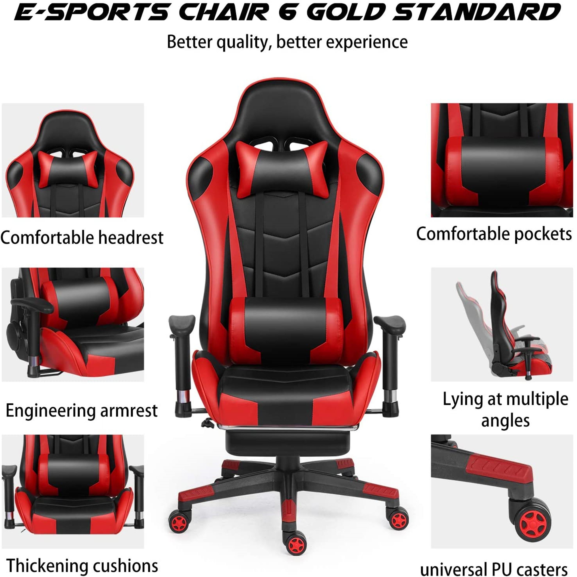 Ergonomic Gaming Chair Racing Chair E-Sports Chair Home Office Chair Computer Game Chair Backrest and Seat Height Adjustable Chair with PU Leather Lumbar Support and Headrest