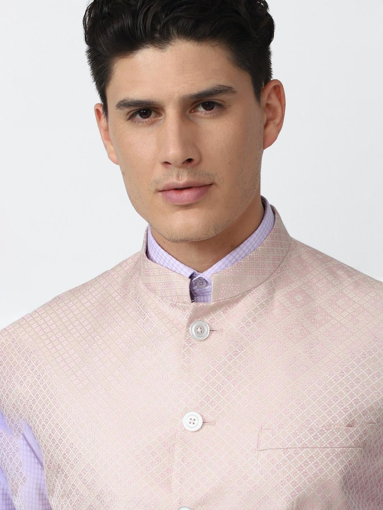 V Dot Pink Slim Fit Self Pattern Nehru Jacket