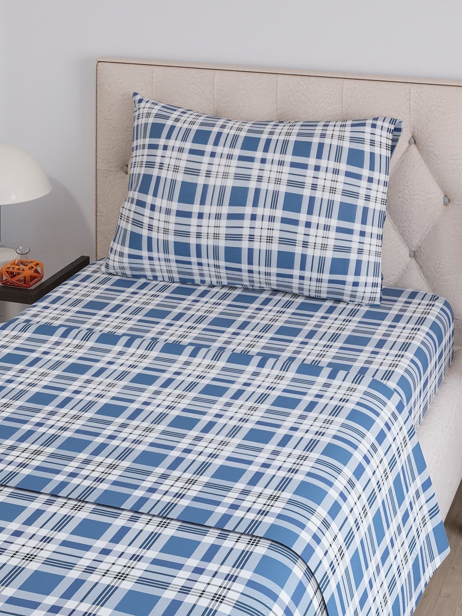 Layers Zen Blue Cotton Blend 225 TC Single Bedsheet with Pillow Cover