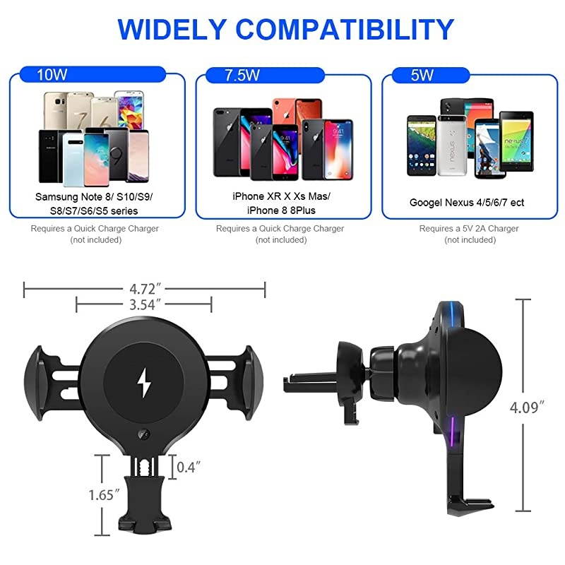 Wireless Car Charger Mount 10W75W5W Qi Auto Clamping Fast Car Charger Holder Air Vent Phone Holder Compatible with iPhone 11XXRXsXs Max88 Plus Samsung S5S6S7S8S9 Edge+ Note 7