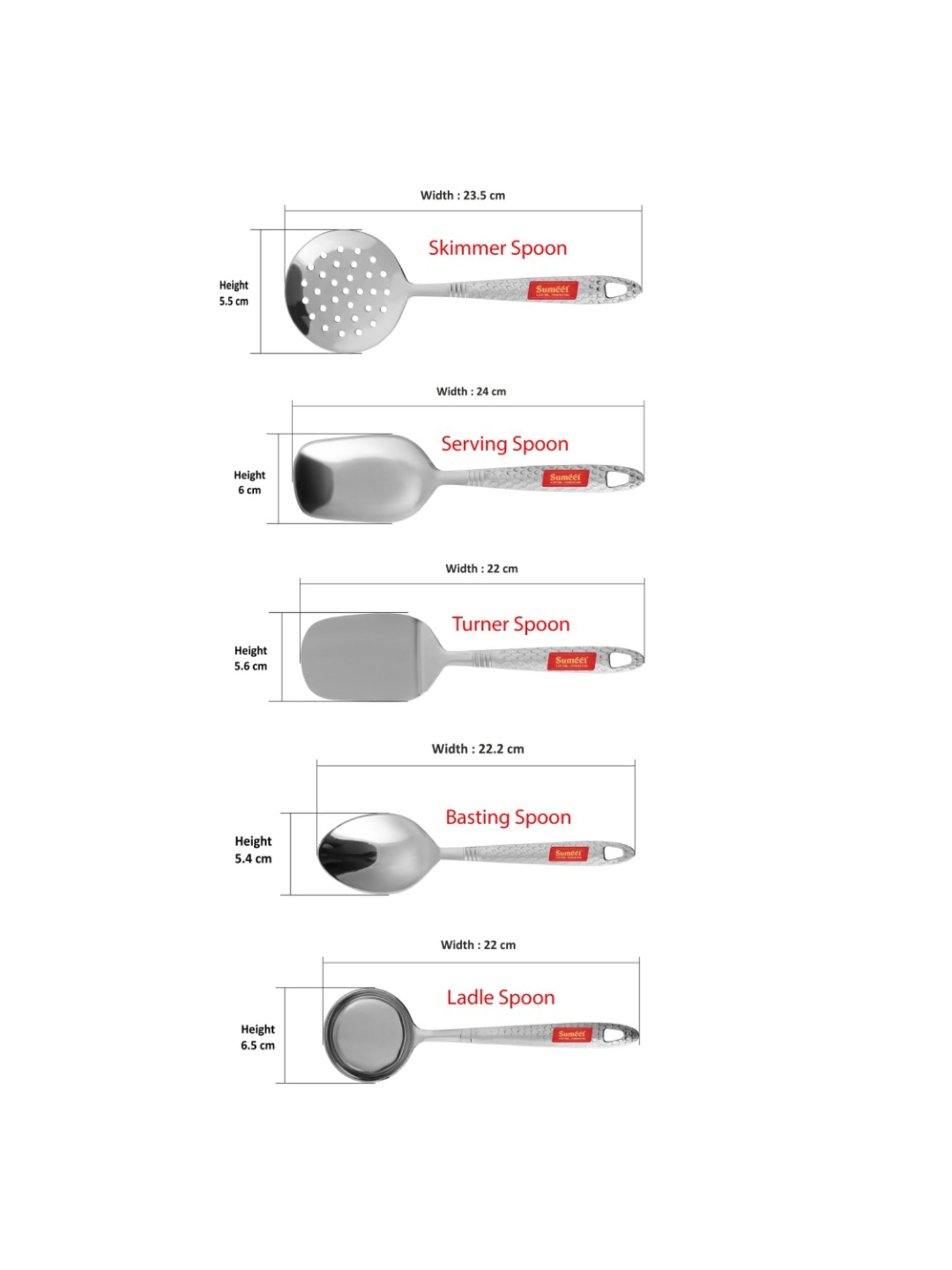 Sumeet S.S.Small Serving&Cooking Spoon Set-5pc(1Turner,1Serving Spoon,1Skimmer,1Basting Spoon,1Ladle