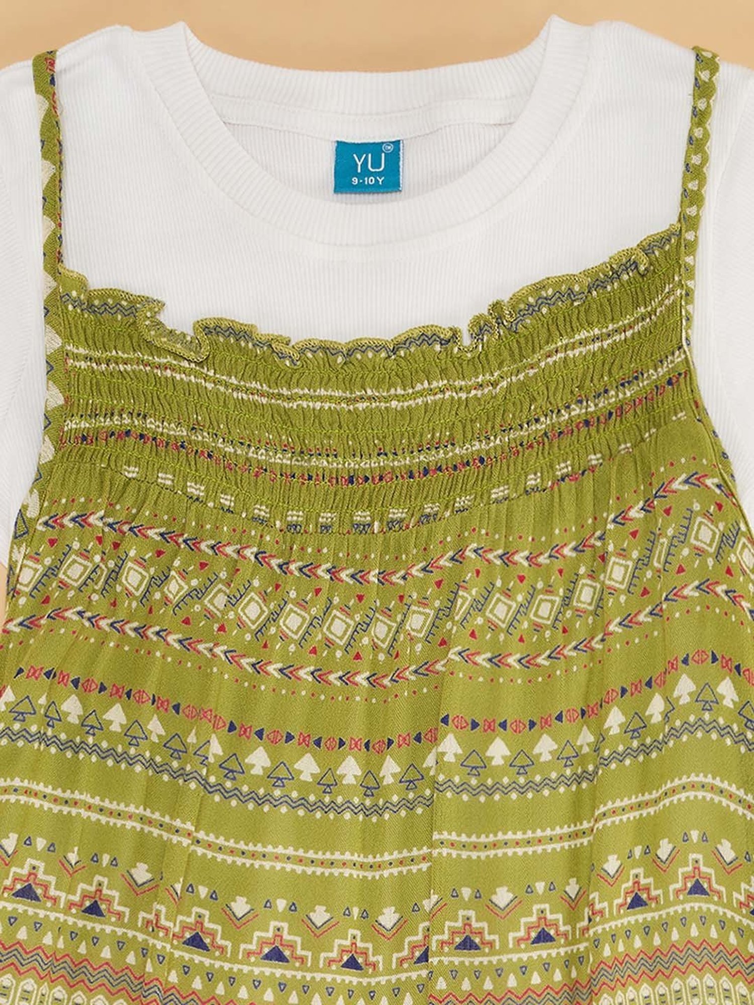 YU by Pantaloons Kids Green & White Printed Dress Set