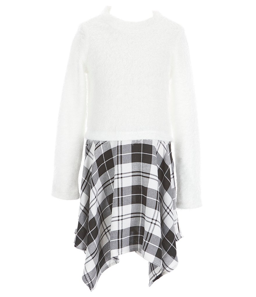 Poppies and Roses Big Girls 7-16 Long-Sleeve Eyelet Checked Hankerchief-Hem Dress