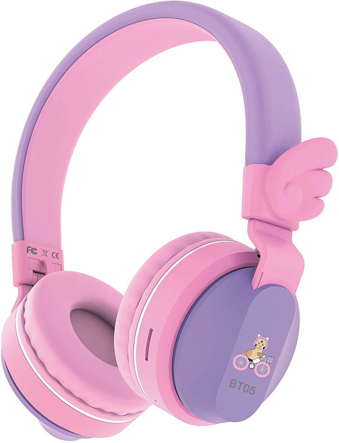 Riwbox BT05 Wings Kids Headphones Wireless Bluetooth Foldable Over Ear Headset with Volume Limited and Mic/TF Card Compatible for iPad/iPhone/Tablet (Purple&Pink)