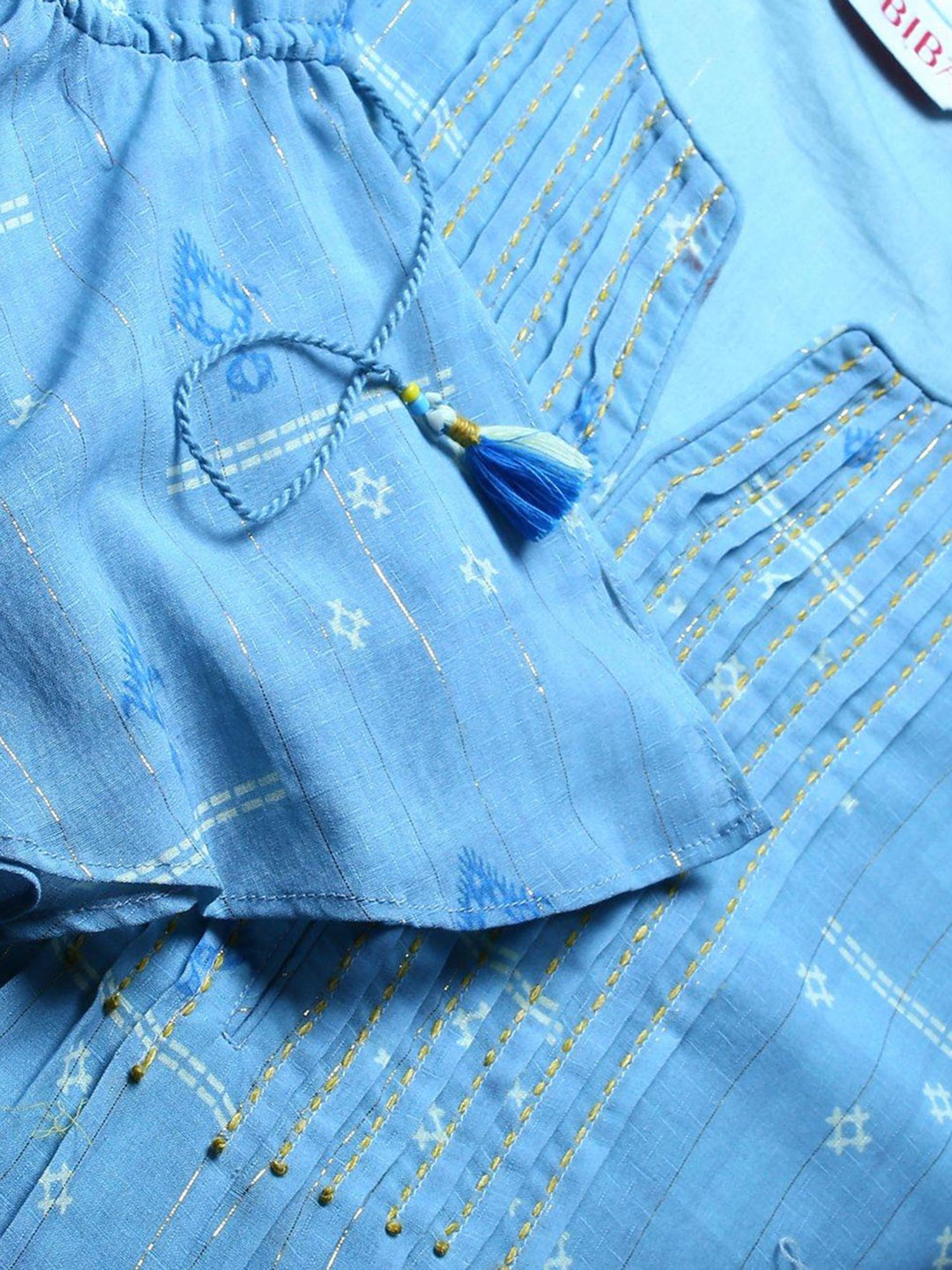 Biba Blue Printed Kurta & Pant Set With Shrug