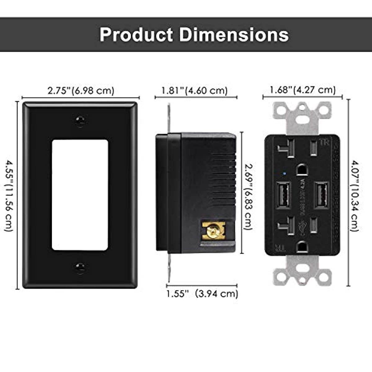 [2 Pack] BESTTEN Black 20 Amp USB Wall Receptacle, 4.2A Dual USB Charging Ports and Tamper Resistant Outlets, UL Listed