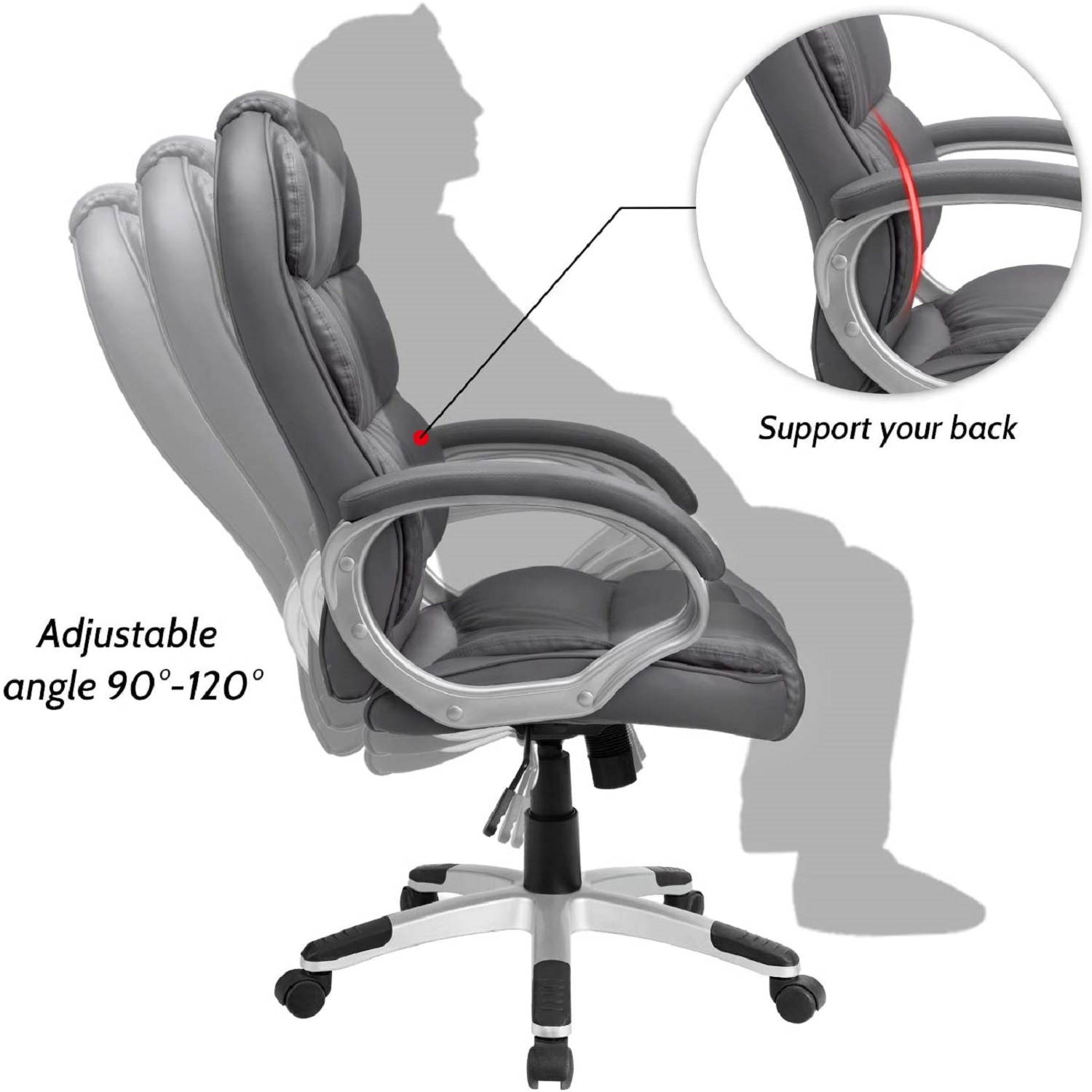 Furmax High Back Office Chair Adjustable Ergonomic Desk Chair with Padded Armrests, Executive PU Leather Swivel Task Chair with Lumbar Support (Grey)
