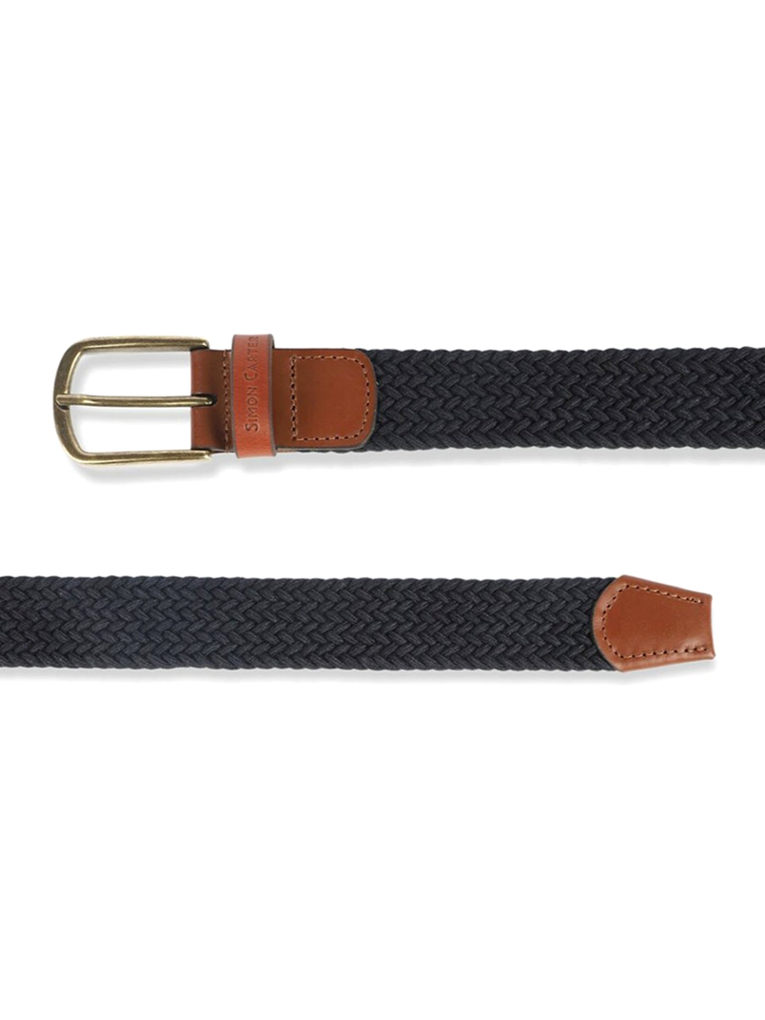 Simon Carter Black Leather Woven Casual Belt for Men