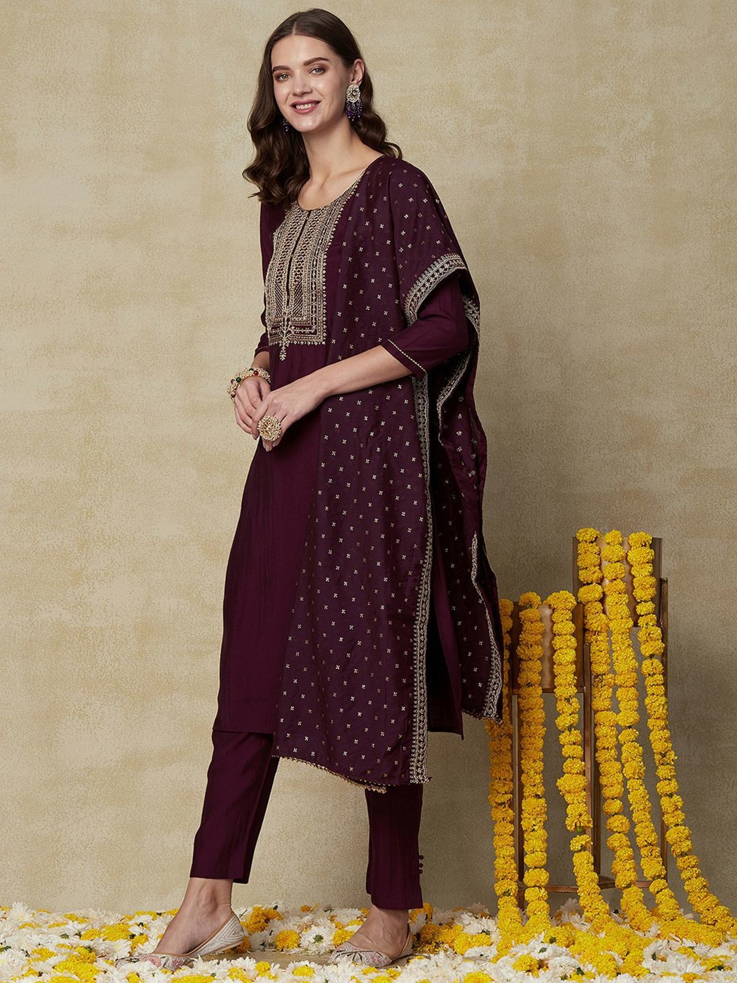 Fashor Wine Embroidered Kurta Pant Set With Dupatta