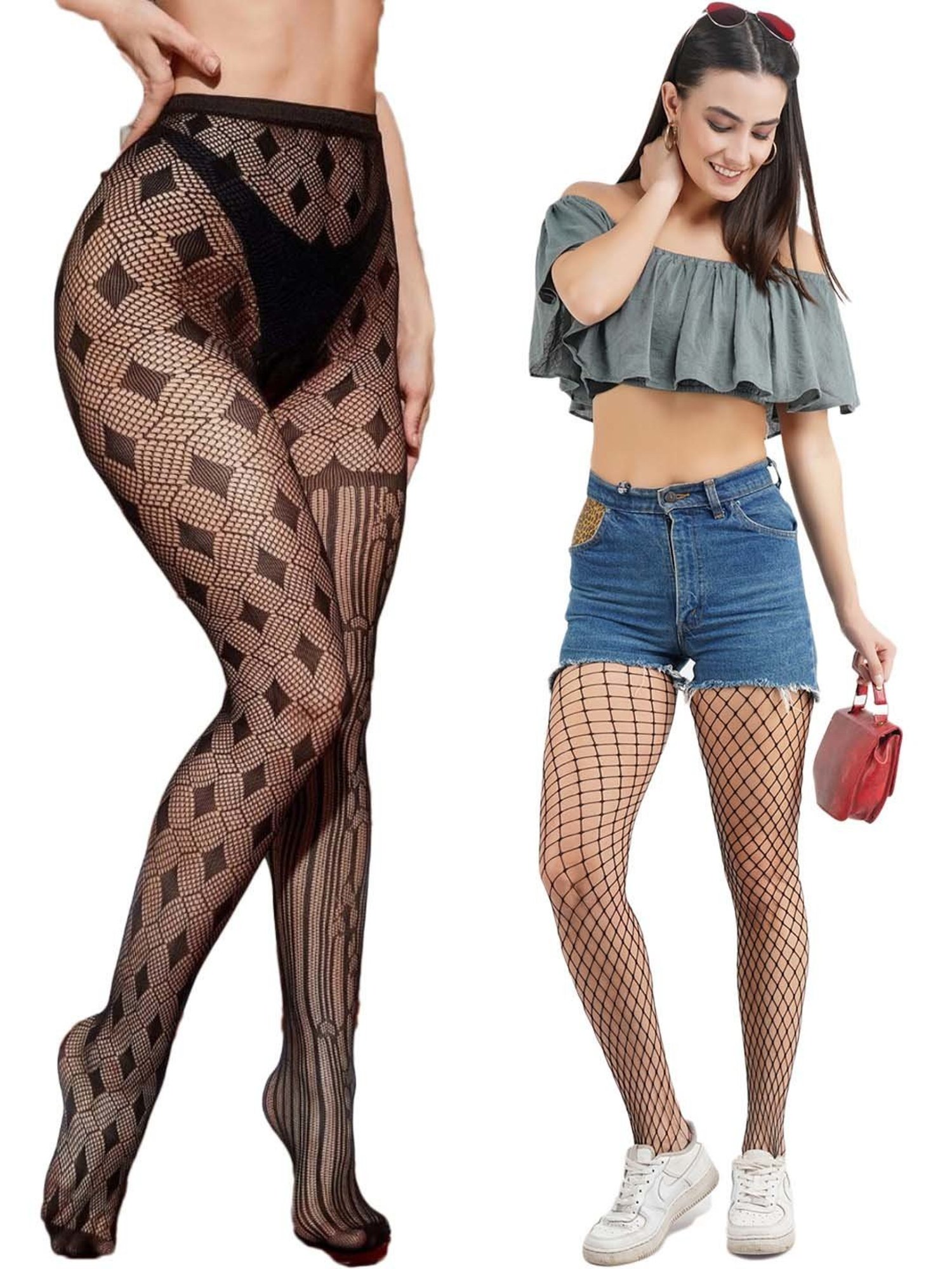 Secrets By ZeroKaata Black Self Pattern Pantyhose Stockings - Pack Of 2