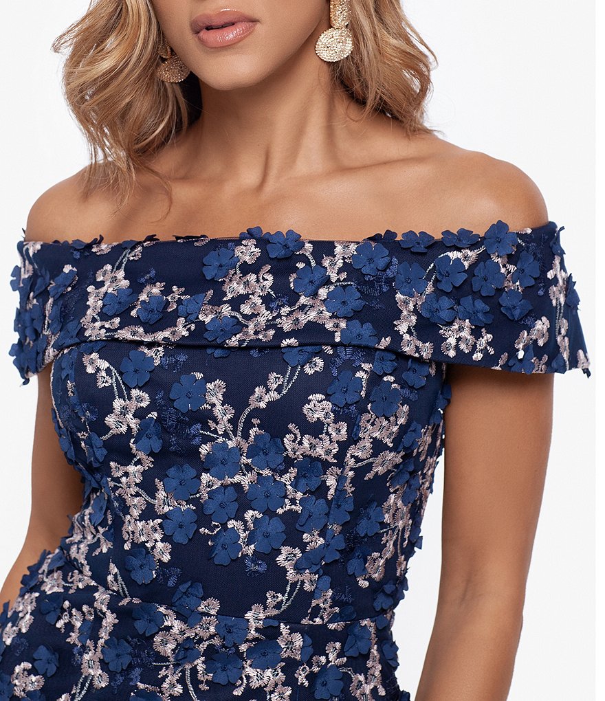 Xscape Midi Raised Flower Off-the-Shoulder Cap Sleeve Flounce Dress