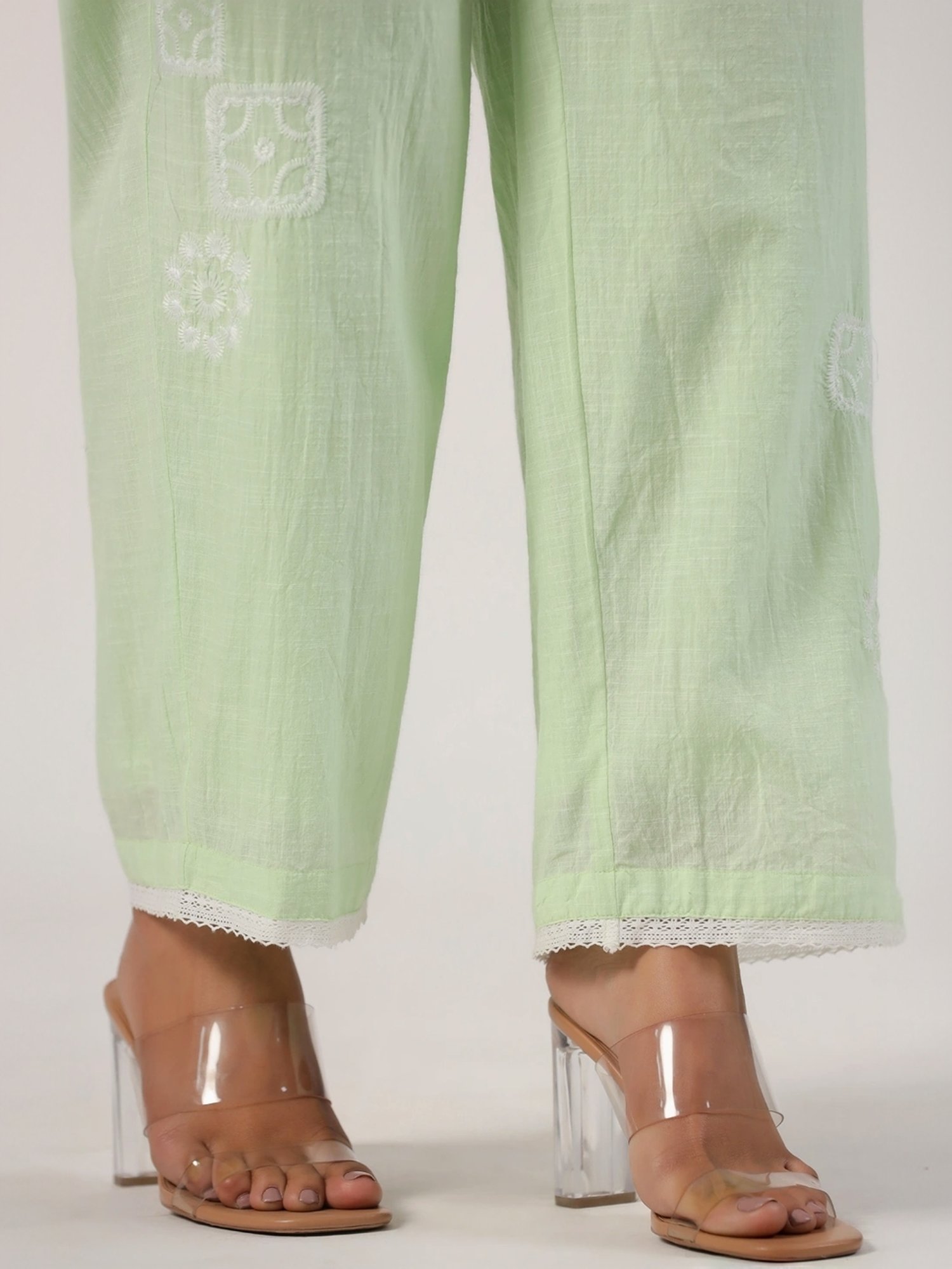 Zolo Label Pista Green Cotton Embroidered Shirt Palazzo Set