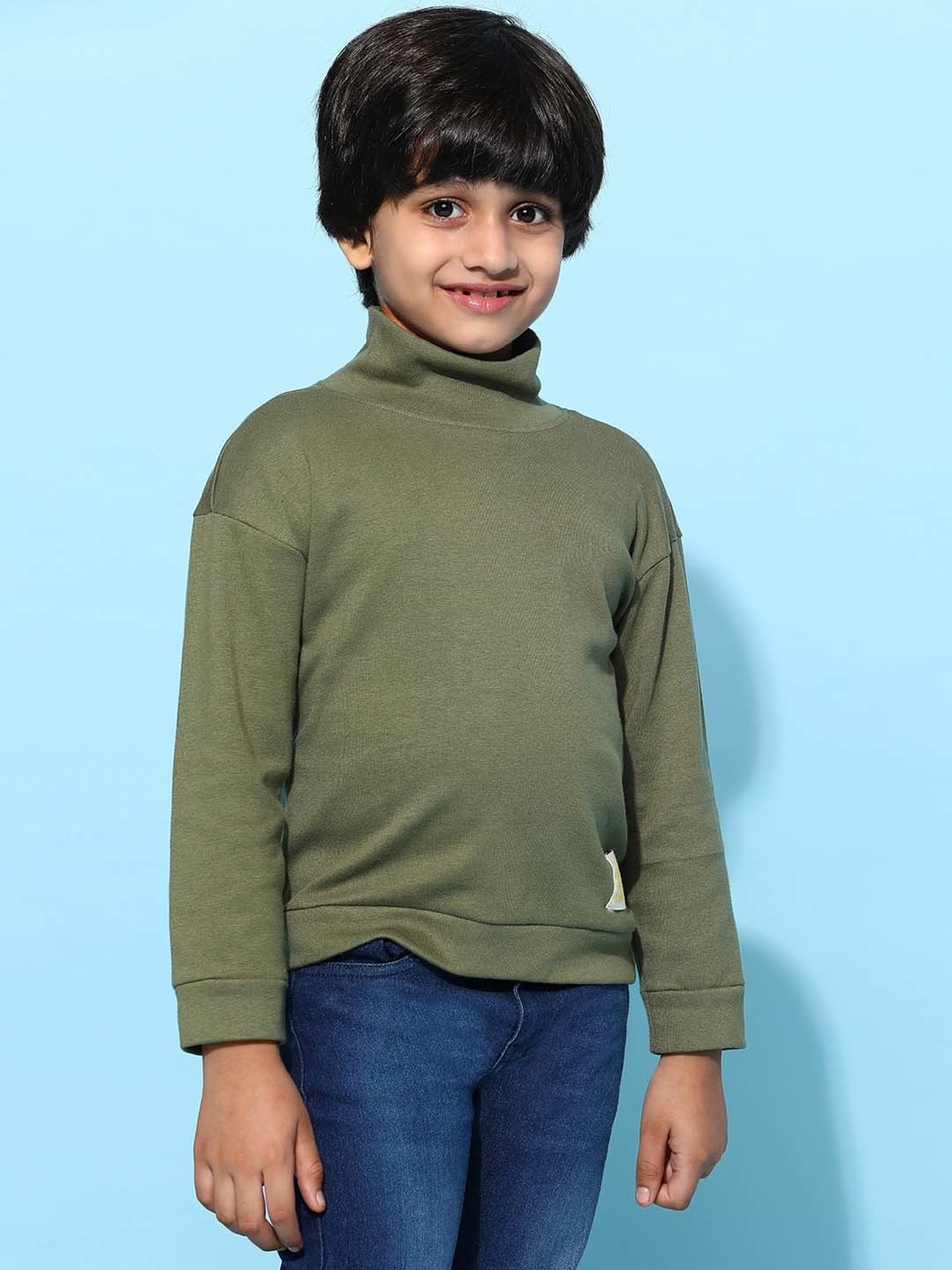 Tales & Stories Kids Olive Cotton Loose Fit Full Sleeves T-Shirt