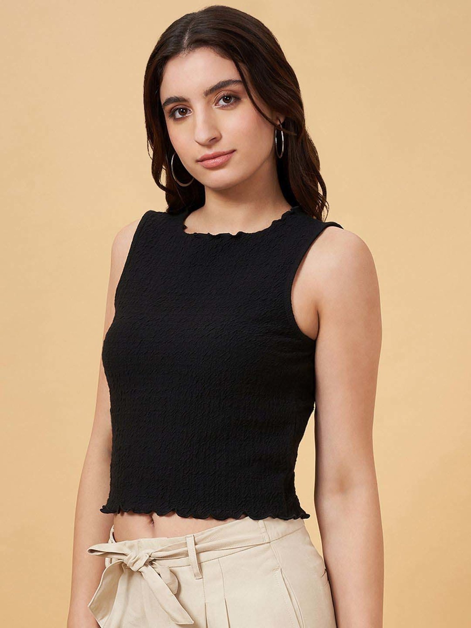 People by Pantaloons Jet Black Cotton Self Pattern T-Shirt