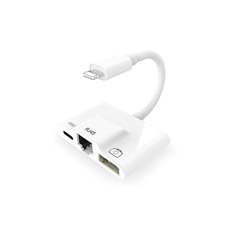 RJ45 Ethernet LAN Wired Network Adapter 3 in 1 USB 3 Camera Reader AdapterData Sync OTG CableEthernet Adapter with Fast Charging Port Compatible for iPhoneiPad